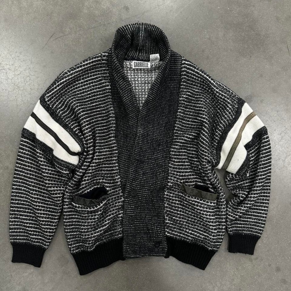 90s Gabrielle black and white striped knit cardigan w pockets&leather lining Lg